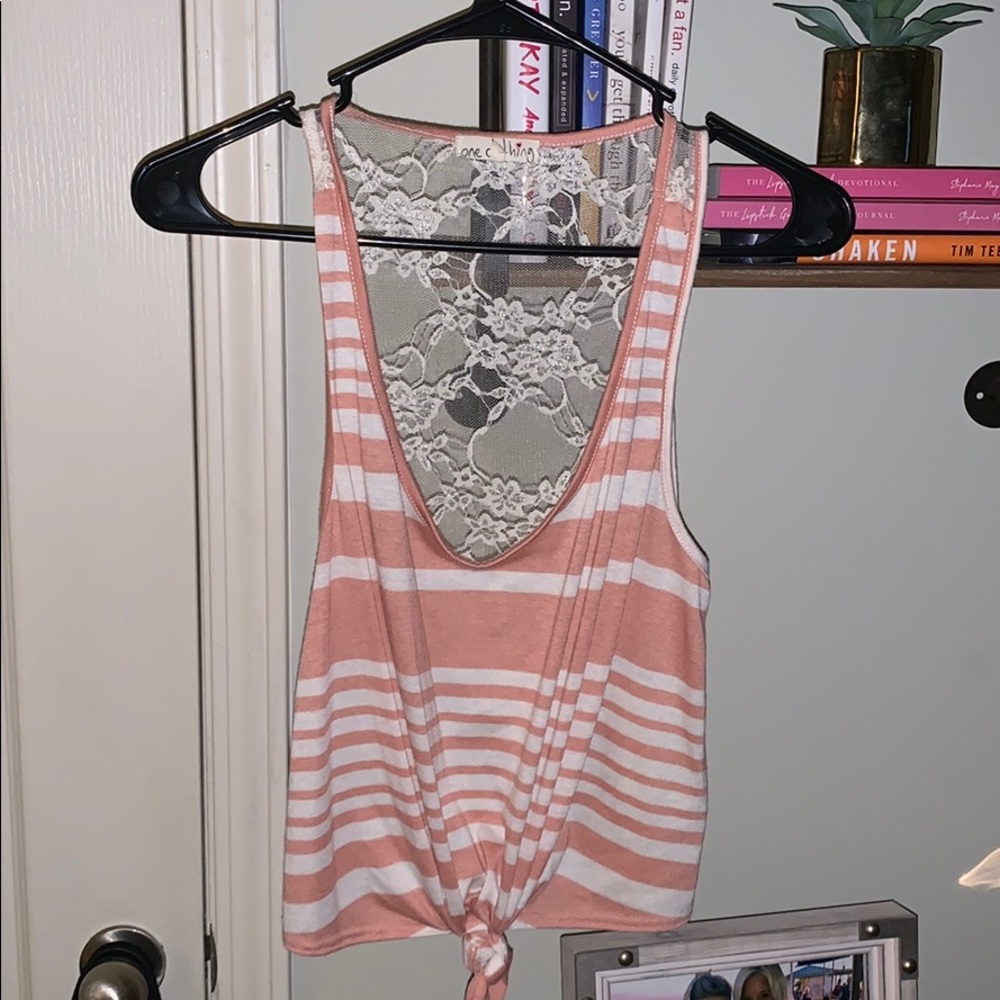 Coral and white striped, lace back tank!